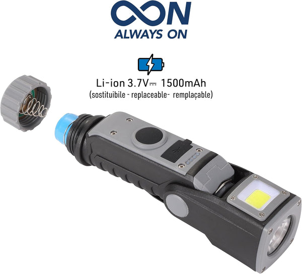 Torcia da lavoro LED ricaricabile, 400lm, 1500mAh, testa orientabile, 4 modalità di luce