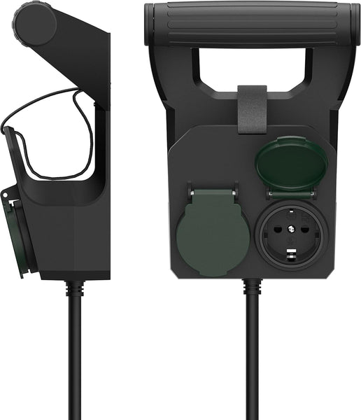 Prolunga elettrica Professionale 10m, IP44, 2 prese Schuko con tappi a chiusura automatica, Maniglia ergonomica con Avvolgi Prolunga, Avvolgicavo, Cavo H05RR-F 3G1.5, Nero