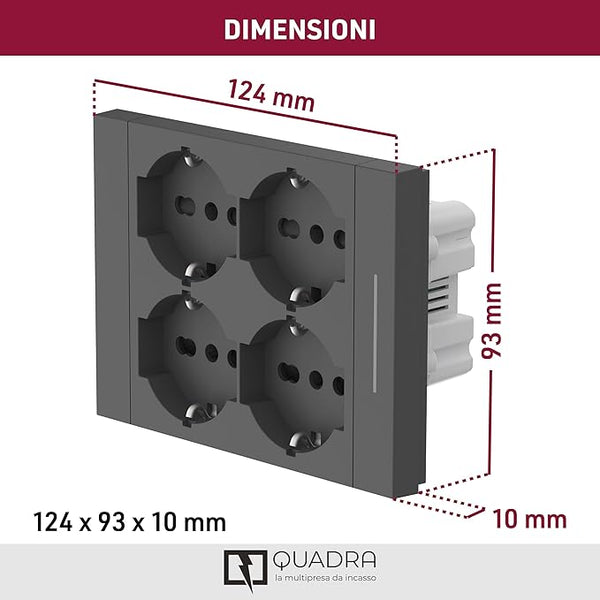 Multipresa da incasso Quadra 4 Posti Universali P40, compatibile con tutte le scatole da incasso 3 posti 503, Con interruttore/Deviatore, Bianco/Nero