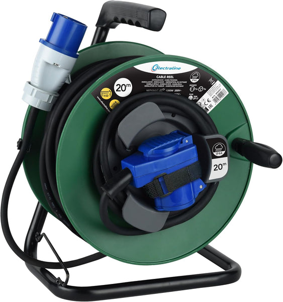 Prolunga con Avvolgicavo 20m per camper, campeggio, caravan, IP44, 2 prese (industriale+Schuko), Cavo AT-N07V3V3-F Sezione 3G2.5