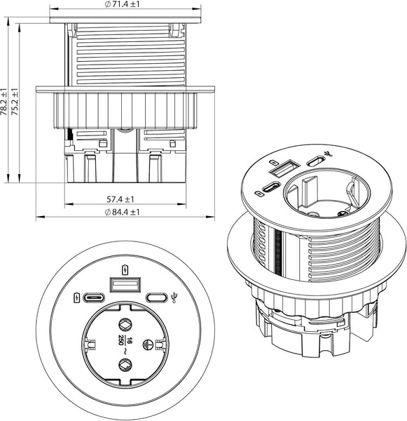 Multipresa Scrivania/Presa da Incasso Grommet da Tavolo con Power Delivery 25W 2 USB (1 di tipo C+ 1 di tipo A) + 1 HUB USB-C 2M, D60mm, 1 Presa Schuko + Spina Schuko