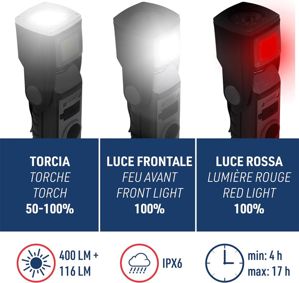 Torcia da lavoro LED ricaricabile, 400lm, 1500mAh, testa orientabile, 4 modalità di luce