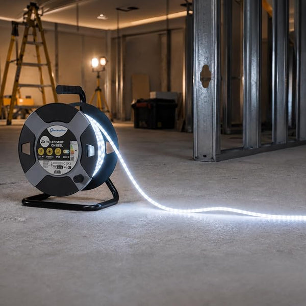 Electraline 49249 Striscia LED 25M, IP65, con Avvolgicavo, 37500 Lumen, 6500K, cavo 1,5m H05RN-F, Spina EU 16A IP44 Nero/Grigio