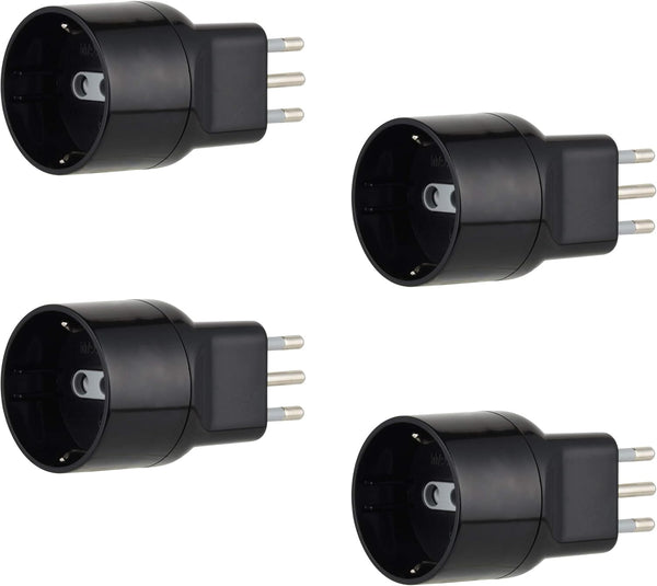 Set di 4 Adattatori Speciali Disassata Salvaspazio da Schuko a Spina Piccola Italiana 10A, Nero/Bianco, Confezione da 4