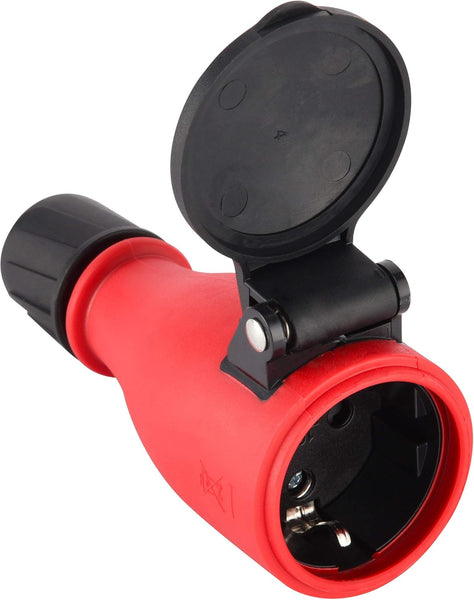 Presa Professionale Schuko, Protezione IP54, con Tappo con Chiusara a Molla Automatica per Consentire Operazione a Mano, Colori: Nero; Rosso/Nero
