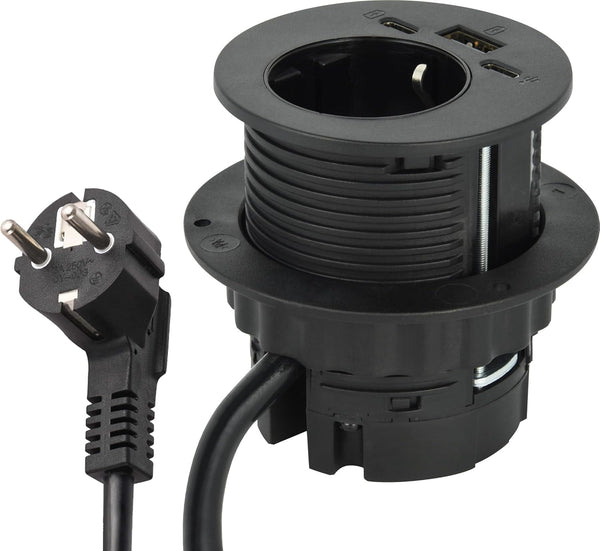 Multipresa Scrivania/Presa da Incasso Grommet da Tavolo con Power Delivery 25W 2 USB (1 di tipo C+ 1 di tipo A) + 1 HUB USB-C 2M, D60mm, 1 Presa Schuko + Spina Schuko