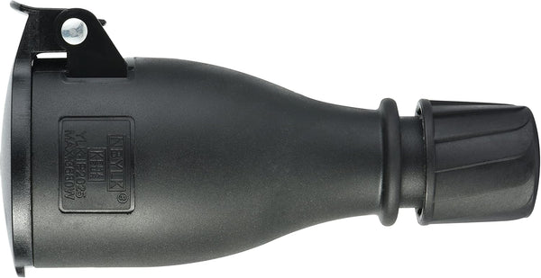 Presa Professionale Schuko, Protezione IP54, con Tappo con Chiusara a Molla Automatica per Consentire Operazione a Mano, Colori: Nero; Rosso/Nero