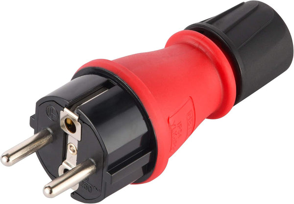 Spina Professionale Schuko, Protezione IP54, con Ghiera di Bloccaggio Cavo per Facilitare il Cablaggio, Colori: Nero, Rosso/Nero
