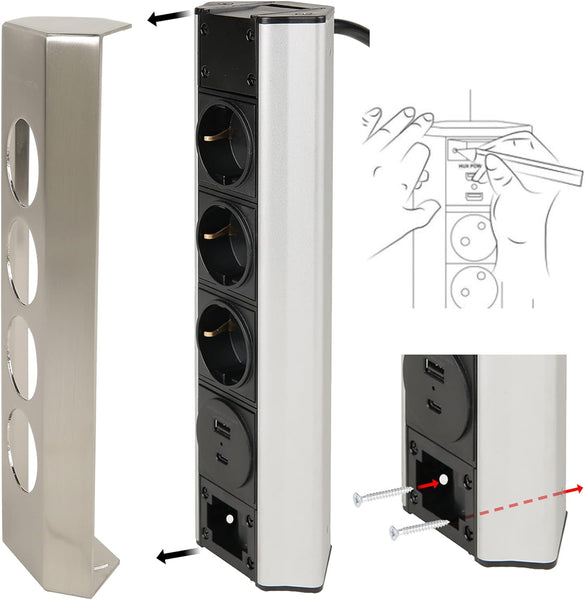 Multipresa da cucina in acciaio inox, fissabile a muro con 3 prese tedesche Schuko + 2 USB (1 tipo A e 1 tipo C) 3.1A 15.5W, Cavo 2m H05VV-F sezione 3G1.5 mm