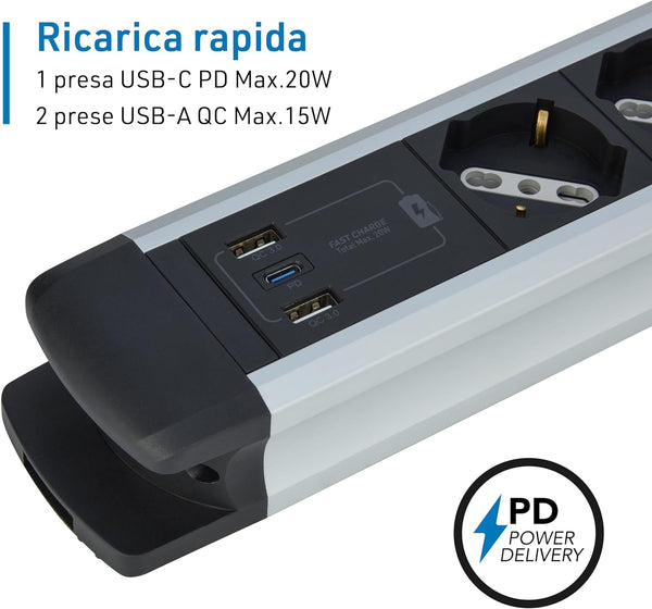 Electraline 61922 Multipresa Alu-Line 8 Posti Polivalenti, Schuko +10/16 A + 3 USB (2 USB A 3.0A + 1 USB C 20W Power Delivery) con Interruttore Luminoso ON/OFF, 2M, con Corpo in Alluminio