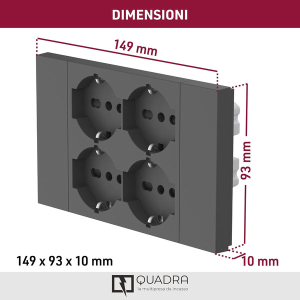 Multipresa da incasso Quadra 4 Posti Universali P40, compatibile con tutte le scatole da incasso 3 e 4 posti (muratura o cartongesso), Bianco/Nero