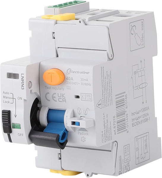 Interruttore differenziale, 40A, 1P+N, 30mA 2 mod. type A, riarmo automatico, Grigio