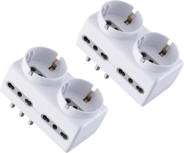 Set 2 adattatori multipresa 6 posti 2 schuko + 4 bivalenti (10/16A) spina grande 16A - adattatore ultra compatto, Nero/ Bianco
