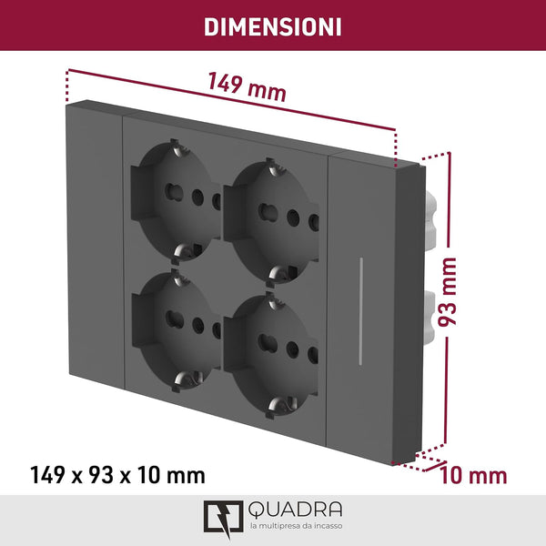 Multipresa da incasso Quadra 4 Posti Universali P40, compatibile con tutte le scatole da incasso 3 e 4 posti, Con interruttore/Deviatore, Bianco/Nero