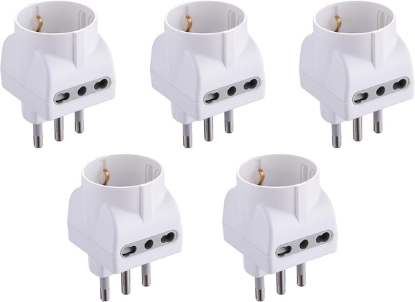 Set 5 Adattatori 3 Posti 1 Schuko + 2 Bivalenti 10/16A, Bianco/ Nero, Confezione da 5