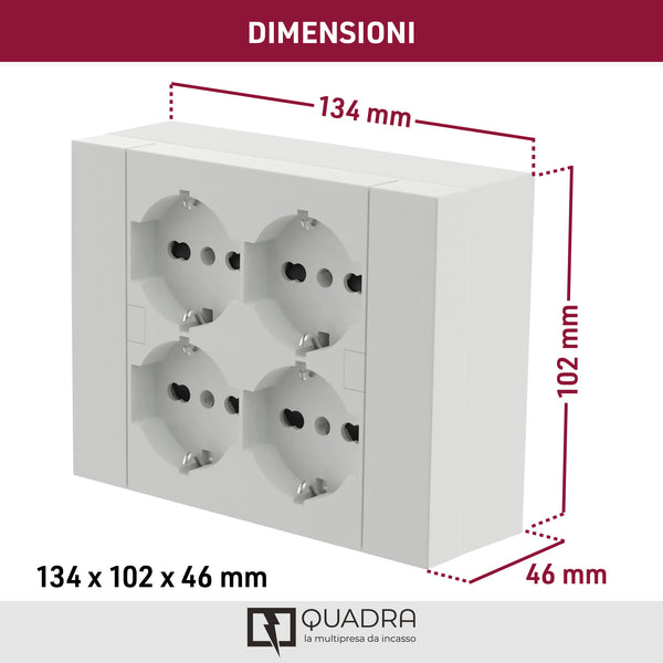 Multipresa da parete Quadra 4 Posti Universali, con scatola di supporto per installazioni superficiali, compatibile con tutte le scatole da incasso 3 posti (muratura o cartongesso)
