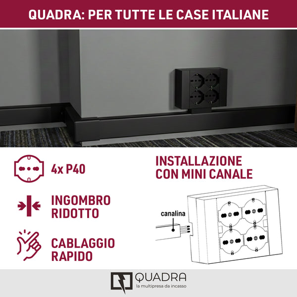 Multipresa da parete Quadra 4 Posti Universali, con scatola di supporto per installazioni superficiali, compatibile con tutte le scatole da incasso 3 posti (muratura o cartongesso)