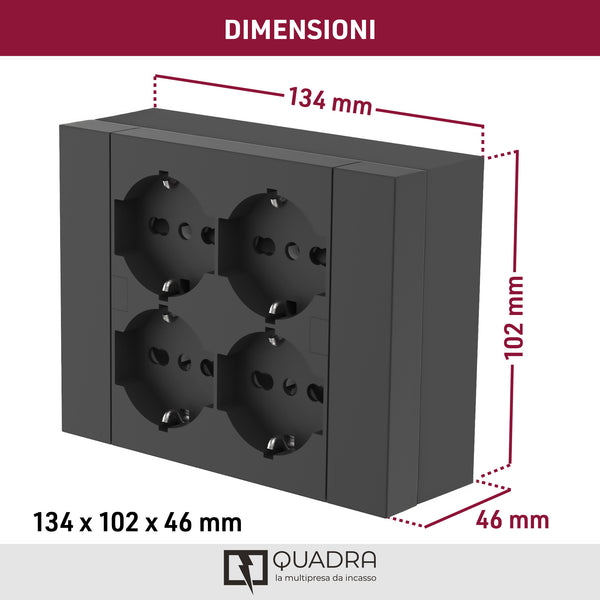 Multipresa da parete Quadra 4 Posti Universali, con scatola di supporto per installazioni superficiali, compatibile con tutte le scatole da incasso 3 posti (muratura o cartongesso)