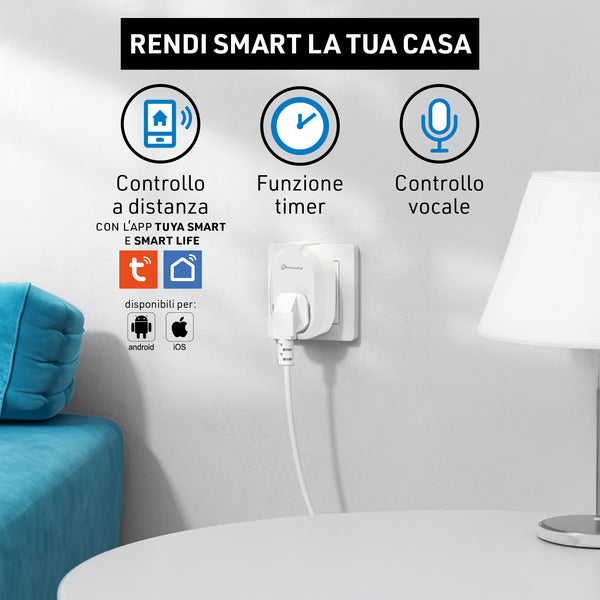 Electraline 48509 Presa Smart WiFi, Presa Elettrica Intelligente Polivalente P30, Spina Piccola Italiana 10A compatibile con Tuya, Funzione Timer compatibile con Alexa e Google Assistant