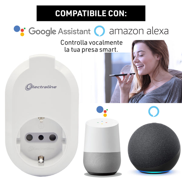 Electraline 48509 Presa Smart WiFi, Presa Elettrica Intelligente Polivalente P30, Spina Piccola Italiana 10A compatibile con Tuya, Funzione Timer compatibile con Alexa e Google Assistant
