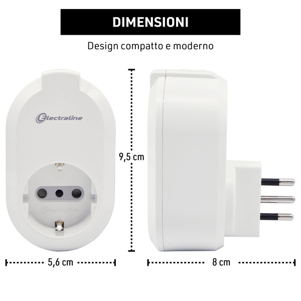 Electraline 48509 Presa Smart WiFi, Presa Elettrica Intelligente Polivalente P30, Spina Piccola Italiana 10A compatibile con Tuya, Funzione Timer compatibile con Alexa e Google Assistant