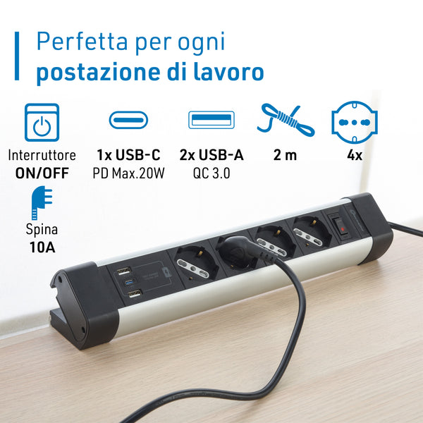 Electraline 61918 Multipresa Scrivania 4 Posti Polivalenti, Schuko + 10/16 A, con 3 USB (2 USB A 3.0A + 1 USB C 20W Power Delivery), Cavo H05VV-F 3G.1 lunghezza 2M, protezione contro sovratensioni