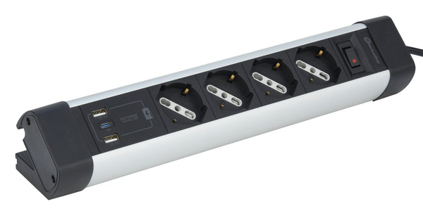 Electraline 61918 Multipresa Scrivania 4 Posti Polivalenti, Schuko + 10/16 A, con 3 USB (2 USB A 3.0A + 1 USB C 20W Power Delivery), Cavo H05VV-F 3G.1 lunghezza 2M, protezione contro sovratensioni