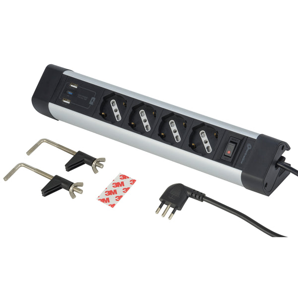 Electraline 61918 Multipresa Scrivania 4 Posti Polivalenti, Schuko + 10/16 A, con 3 USB (2 USB A 3.0A + 1 USB C 20W Power Delivery), Cavo H05VV-F 3G.1 lunghezza 2M, protezione contro sovratensioni