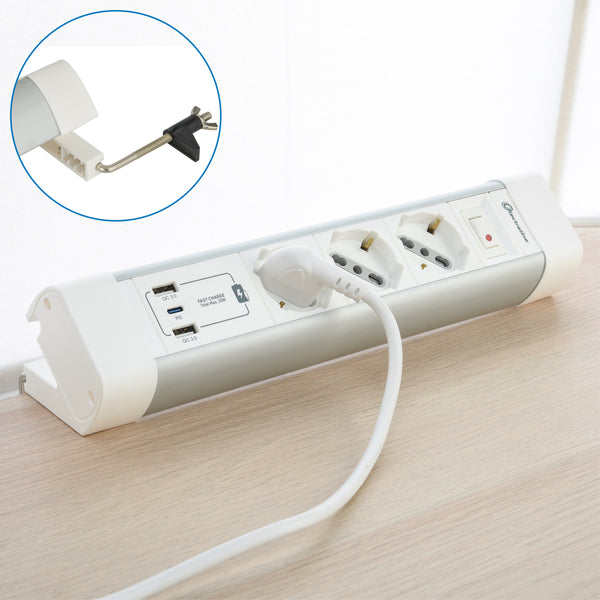 Electraline 61920 Multipresa Scrivania 3 Posti Polivalenti, Schuko + 10/16 A, con 3 USB (2 USB A 3.0A + 1 USB C 20W Power Delivery), Cavo H05VV-F 3G.1 lunghezza 2M, protezione contro sovratensioni