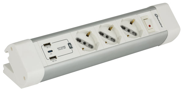 Electraline 61920 Multipresa Scrivania 3 Posti Polivalenti, Schuko + 10/16 A, con 3 USB (2 USB A 3.0A + 1 USB C 20W Power Delivery), Cavo H05VV-F 3G.1 lunghezza 2M, protezione contro sovratensioni