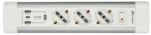 Electraline 61920 Multipresa Scrivania 3 Posti Polivalenti, Schuko + 10/16 A, con 3 USB (2 USB A 3.0A + 1 USB C 20W Power Delivery), Cavo H05VV-F 3G.1 lunghezza 2M, protezione contro sovratensioni