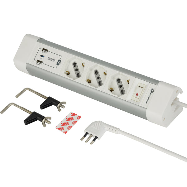 Electraline 61920 Multipresa Scrivania 3 Posti Polivalenti, Schuko + 10/16 A, con 3 USB (2 USB A 3.0A + 1 USB C 20W Power Delivery), Cavo H05VV-F 3G.1 lunghezza 2M, protezione contro sovratensioni