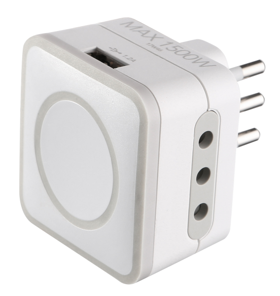 Adattatore Triplo 2 Prese 10A e 1 USB Output 1.2A Spina Piccola 10A, Grigio/ Verde/ Blu