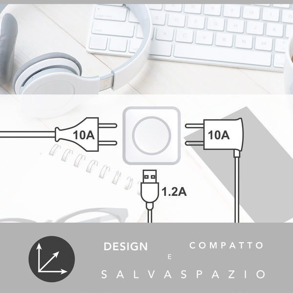 Adattatore Triplo 2 Prese 10A e 1 USB Output 1.2A Spina Piccola 10A, Grigio/ Verde/ Blu