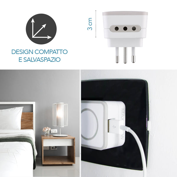 Adattatore Triplo 2 Prese 10A e 1 USB Output 1.2A Spina Piccola 10A, Grigio/ Verde/ Blu