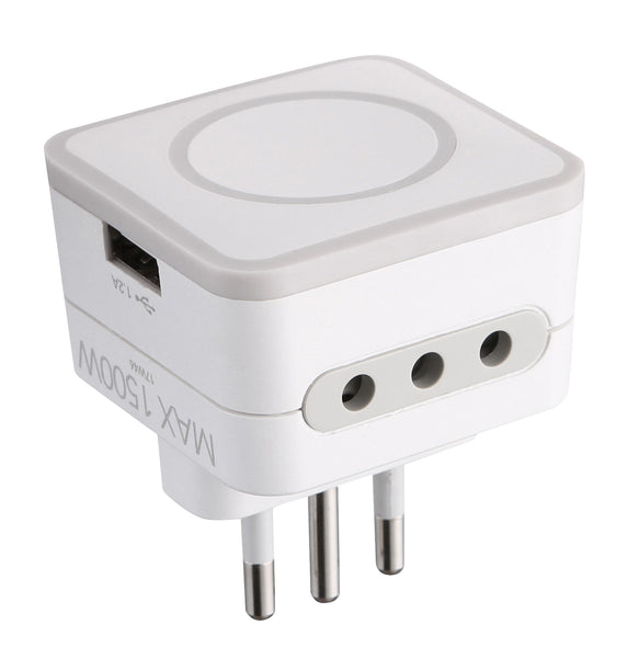 Adattatore Triplo 2 Prese 10A e 1 USB Output 1.2A Spina Piccola 10A, Grigio/ Verde/ Blu