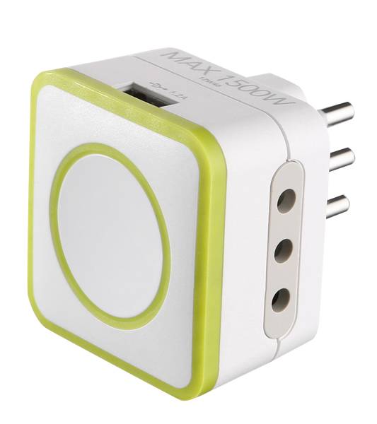 Adattatore Triplo 2 Prese 10A e 1 USB Output 1.2A Spina Piccola 10A, Grigio/ Verde/ Blu