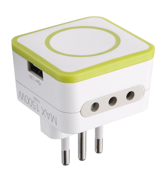 Adattatore Triplo 2 Prese 10A e 1 USB Output 1.2A Spina Piccola 10A, Grigio/ Verde/ Blu