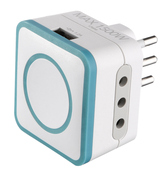 Adattatore Triplo 2 Prese 10A e 1 USB Output 1.2A Spina Piccola 10A, Grigio/ Verde/ Blu