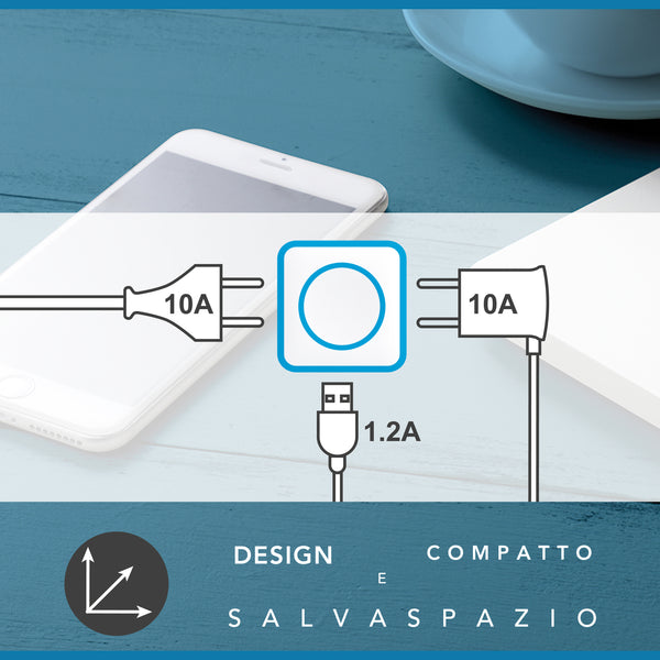 Adattatore Triplo 2 Prese 10A e 1 USB Output 1.2A Spina Piccola 10A, Grigio/ Verde/ Blu