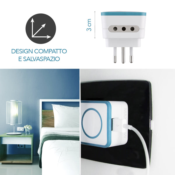 Adattatore Triplo 2 Prese 10A e 1 USB Output 1.2A Spina Piccola 10A, Grigio/ Verde/ Blu