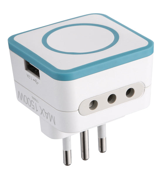 Adattatore Triplo 2 Prese 10A e 1 USB Output 1.2A Spina Piccola 10A, Grigio/ Verde/ Blu
