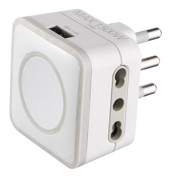 Adattatore Triplo 2 Prese 10/16A e 1 USB Output 1.2A, Spina 16A, Grigio/ Verde/ Blu