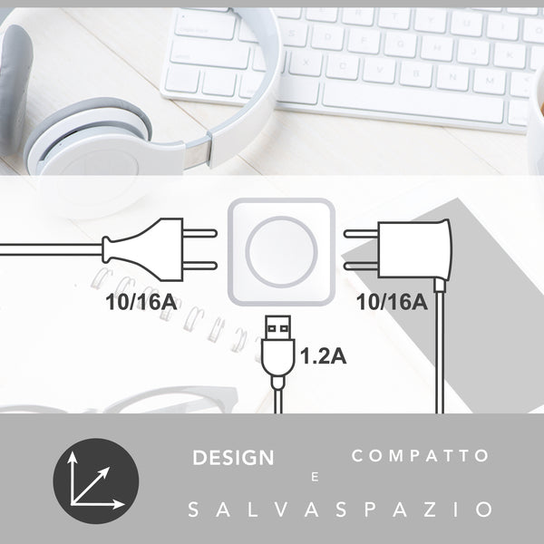 Adattatore Triplo 2 Prese 10/16A e 1 USB Output 1.2A, Spina 16A, Grigio/ Verde/ Blu