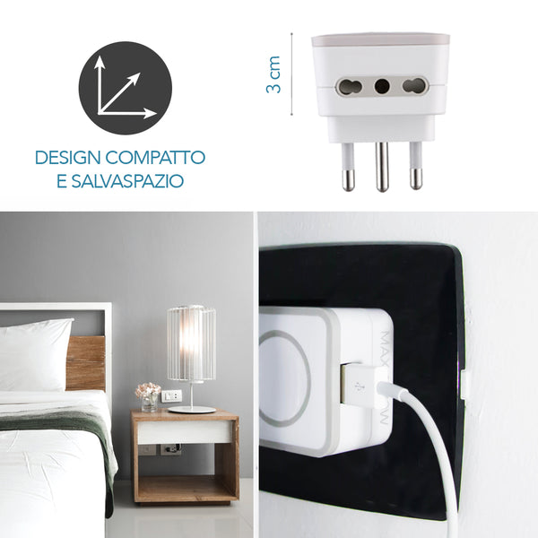 Adattatore Triplo 2 Prese 10/16A e 1 USB Output 1.2A, Spina 16A, Grigio/ Verde/ Blu