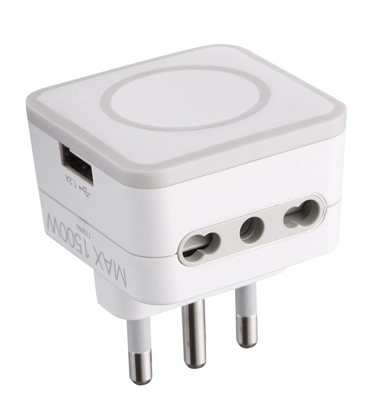 Adattatore Triplo 2 Prese 10/16A e 1 USB Output 1.2A, Spina 16A, Grigio/ Verde/ Blu