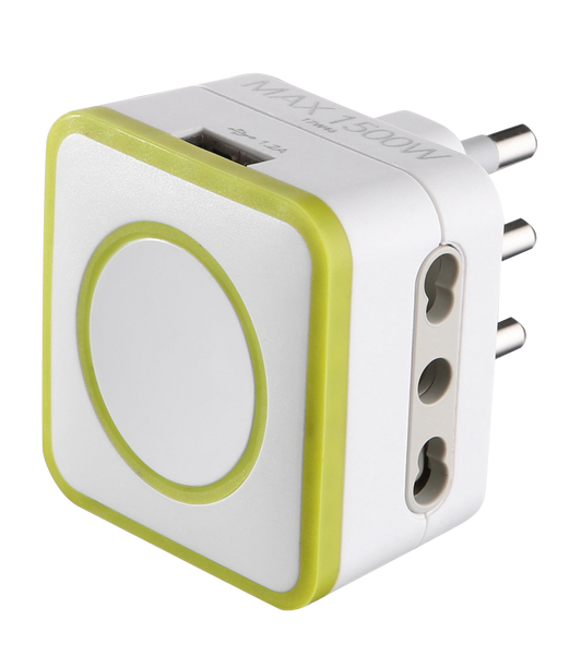 Adattatore Triplo 2 Prese 10/16A e 1 USB Output 1.2A, Spina 16A, Grigio/ Verde/ Blu