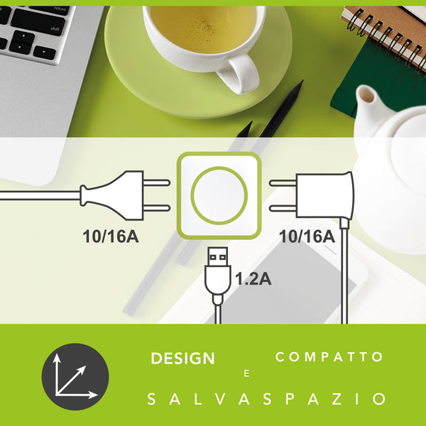 Adattatore Triplo 2 Prese 10/16A e 1 USB Output 1.2A, Spina 16A, Grigio/ Verde/ Blu