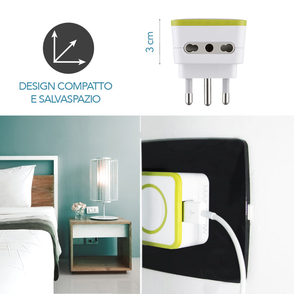 Adattatore Triplo 2 Prese 10/16A e 1 USB Output 1.2A, Spina 16A, Grigio/ Verde/ Blu