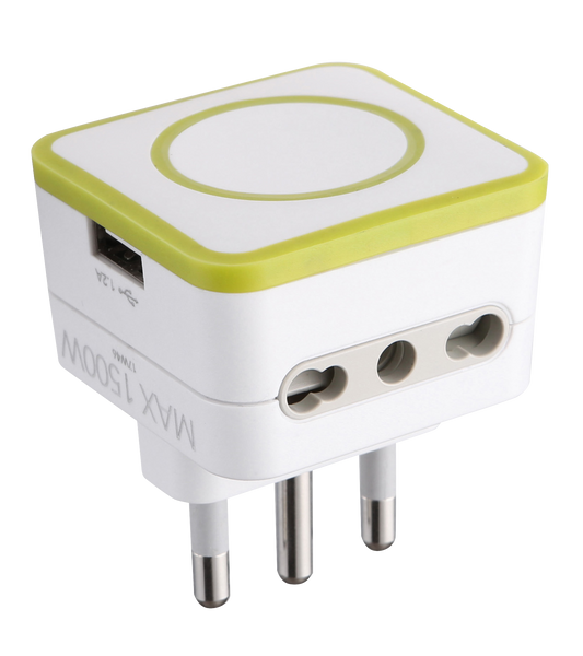 Adattatore Triplo 2 Prese 10/16A e 1 USB Output 1.2A, Spina 16A, Grigio/ Verde/ Blu